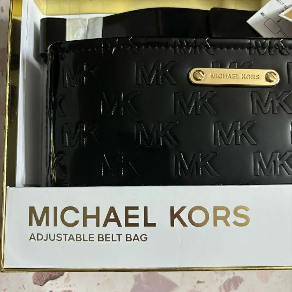 Michael Kors MK Logo Debossed Adjustable Belt Bag Patent Leather Black  L/XL